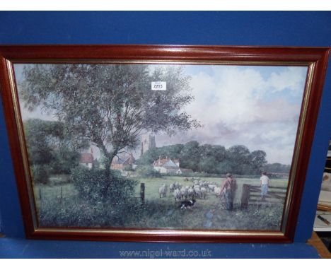 A large print depicting a village scene with farmer driving sheep through to the next field with a boy stood on a wooden gate