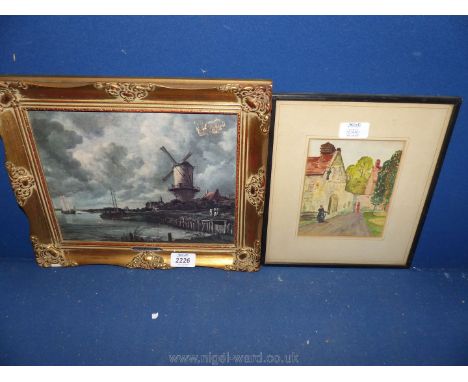 A Jacob Van Ruisdael 1682 print on canvas and a watercolour of a village church scene.