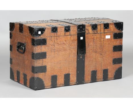 A late Victorian oak and black painted metal mounted silver trunk, fitted with carrying handles, height 43cm, width 71cm, dep