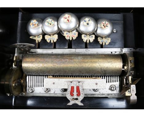 A late 19th century Swiss music box, the lever-wind mechanism playing eleven airs on a 23.5cm cylinder and six bells with but