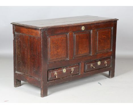 An 18th century oak mule chest with triple panel front, fitted with two drawers, height 74cm, width 124cm, depth 52cm.Buyer’s