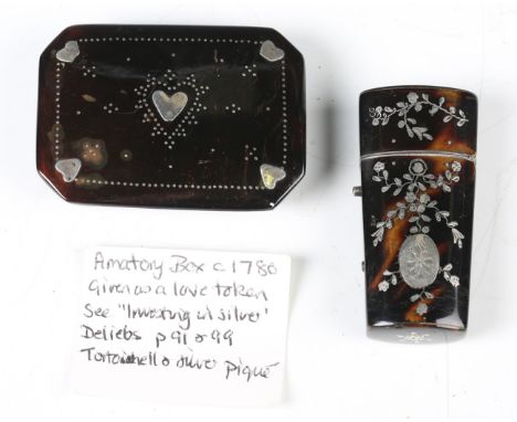 A George III tortoiseshell and silver piqué inlaid étui case of tapering rectangular form, height 5.3cm, together with a Geor