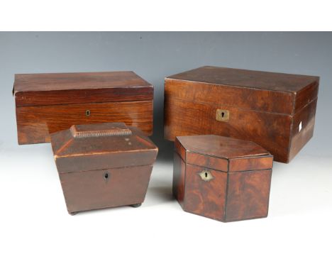A George III figured mahogany tea caddy of hexagonal form, width 21cm, together with another tea caddy and two boxes.Buyer’s 