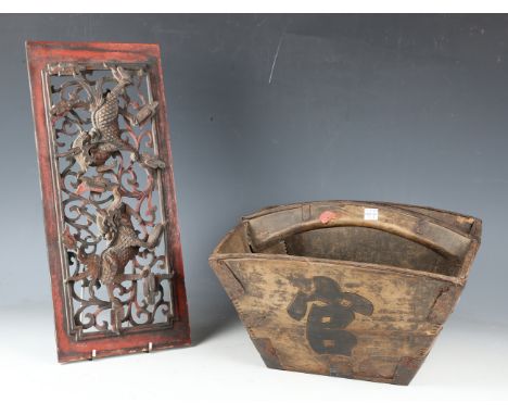 A Chinese carved and pierced wooden panel depicting two Buddhistic lions, 20cm x 44cm, together with a softwood trug and a bo