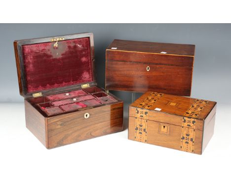 A late Victorian rosewood and mother-of-pearl inlaid workbox, width 28cm, a George III mahogany tea caddy with boxwood string