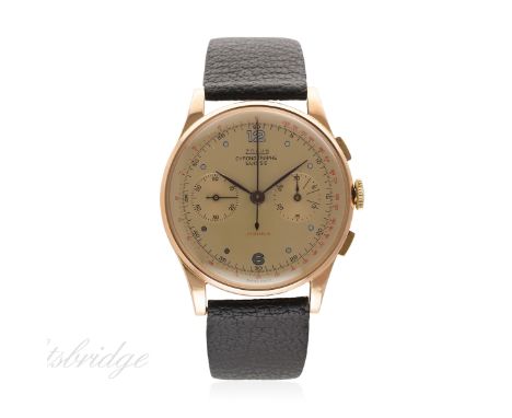 A GENTLEMAN'S 18K SOLID ROSE GOLD CHRONOGRAPHE SUISSE CHRONOGRAPH WRIST WATCH CIRCA 1940s
D: Gold coloured dial with gilt Ara