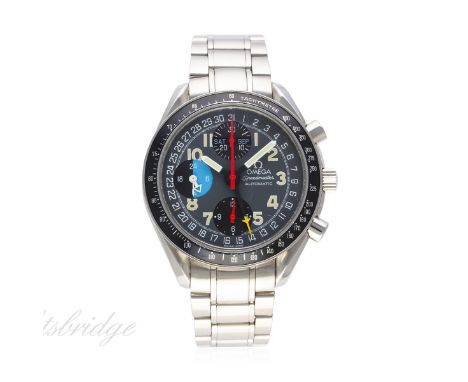 A GENTLEMAN'S STAINLESS STEEL OMEGA SPEEDMASTER AUTOMATIC TRIPLE CALENDAR CHRONOGRAPH BRACELET WATCH CIRCA 1990s
D: Grey dial
