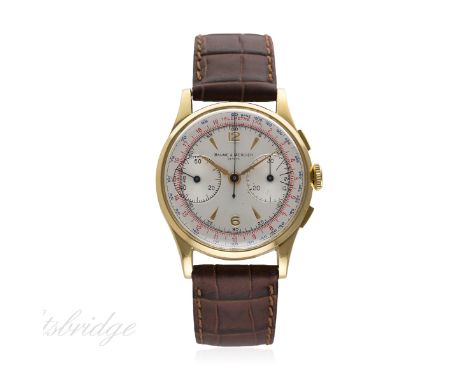 A GENTLEMAN'S 18K SOLID GOLD BAUME & MERCIER CHRONOGRAPH WRIST WATCH CIRCA 1940s, REF. 3091
D: Silver dial with raised gilt A