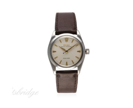 A MID SIZE STAINLESS STEEL ROLEX OYSTER SPEEDKING PRECISION WRIST WATCH CIRCA 1960, REF. 6421
D: Silver dial with gilt "dagge