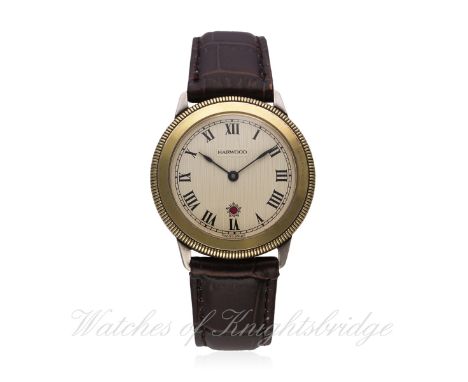 A GENTLEMAN'S SOLID SILVER & GOLD HARWOOD AUTOMATIC WRIST WATCH CIRCA 2000
D: Silver stripped dial with Roman numerals, apert