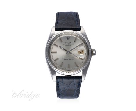 A GENTLEMAN'S STAINLESS STEEL ROLEX OYSTER PERPETUAL DATEJUST WRIST WATCH CIRCA 1974, REF. 1603
D: Silver dial with silver ba