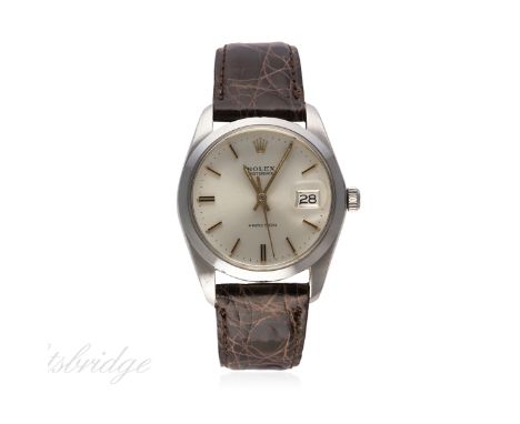 A GENTLEMAN'S STAINLESS STEEL ROLEX OYSTERDATE PRECISION WRIST WATCH CIRCA 1977,REF. 6694
D: Silver dial with black inlaid gi