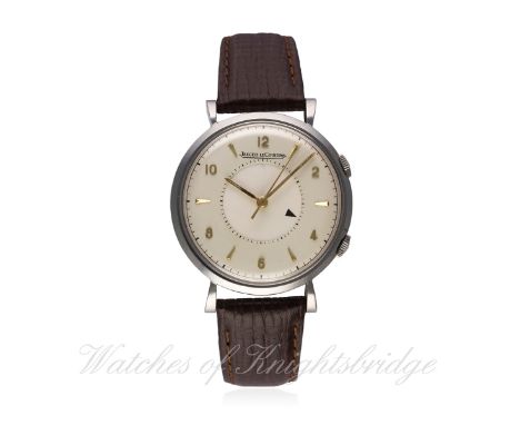 A GENTLEMAN'S STAINLESS STEEL JAEGER LECOULTRE MEMOVOX ALARM WRIST WATCH CIRCA 1950s
D: Silver dial with raised gilt Arabic n