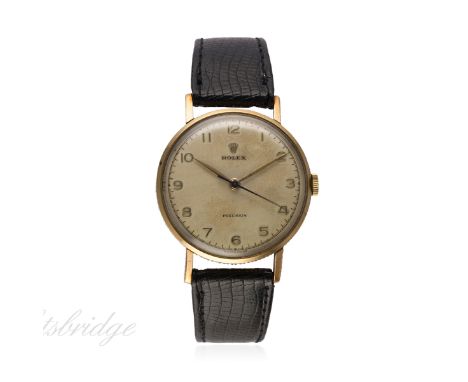 A GENTLEMAN'S 9CT SOLID GOLD ROLEX PRECISION "COIN EDGE" WRIST WATCH CIRCA 1960
D: Silver dial with raised gilt Arabic numera
