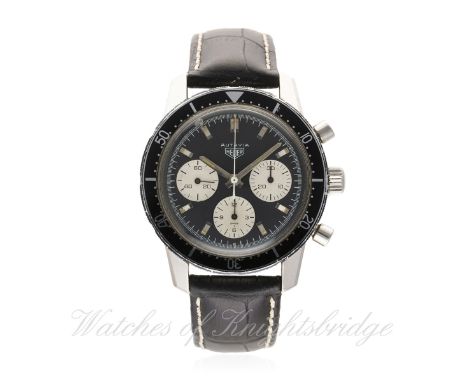 A RARE GENTLEMAN'S STAINLESS STEEL HEUER AUTAVIA CHRONOGRAPH WRIST WATCH CIRCA 1970, REF. 2446C
D: Black & silver dial with p