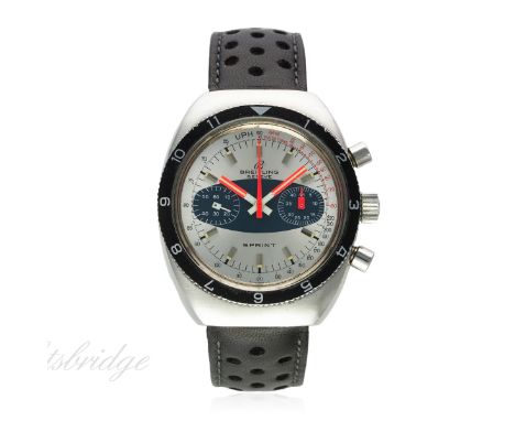 A GENTLEMAN'S STAINLESS STEEL BREITLING SPRINT CHRONOGRAPH WRIST WATCH CIRCA 1970s, REF. 2212
D: Silver & blue dial with silv