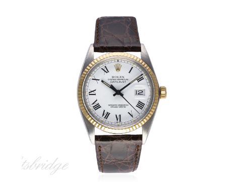 A GENTLEMAN'S STEEL & GOLD ROLEX OYSTER PERPETUAL DATEJUST WRIST WATCH CIRCA 1978, REF. 16013 "BUCKLEY" DIAL
D: White dial wi