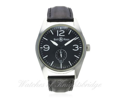 A GENTLEMAN'S STAINLESS STEEL BELL & ROSS AVIATION TYPE WRIST WATCH CIRCA 2010, REF. 123 
D: Black dial with luminous Arabic 