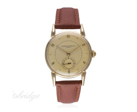 A RARE GENTLEMAN'S 18K SOLID GOLD VACHERON & CONSTANTIN WRIST WATCH CIRCA 1950
D: Silver dial with bi-hourly raised gilt Arab