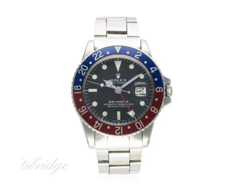 A GENTLEMAN'S STAINLESS STEEL ROLEX OYSTER PERPETUAL DATE GMT MASTER BRACELET WATCH CIRCA 1971, REF. 1675 WITH ORIGINAL BOX &