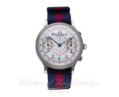 A RARE GENTLEMAN'S STAINLESS STEEL EBERHARD & CO CHRONOGRAPH WRIST WATCH CIRCA 1930s, REF. 7197
D: Enamel dial with Arabic nu