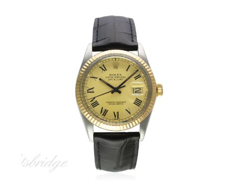 A GENTLEMAN'S STEEL & GOLD ROLEX OYSTER PERPETUAL DATEJUST WRIST WATCH CIRCA 1985, REF. 16013 "BUCKLEY" DIAL
D: Champagne dia
