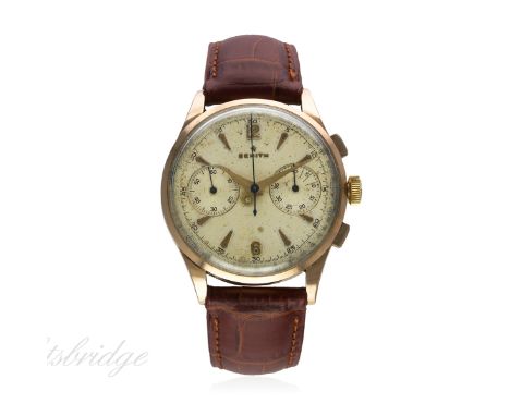 A GENTLEMAN'S LARGE SIZE 18K SOLID PINK GOLD ZENITH CHRONOGRAPH WRIST WATCH CIRCA 1940s, REF. 19518
D: Silver dial with gilt 