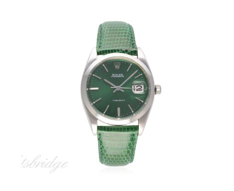 A GENTLEMAN'S STAINLESS STEEL ROLEX OYSTERDATE PRECISION WRIST WATCH CIRCA 1961, REF. 6694
D: Sunburst green dial with silver
