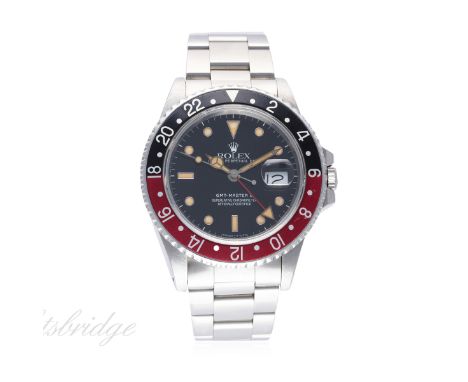 A GENTLEMAN'S STAINLESS STEEL ROLEX OYSTER PERPETUAL DATE GMT MASTER II "FAT LADY" BRACELET WATCH DATED 1988, REF. 16760 WITH