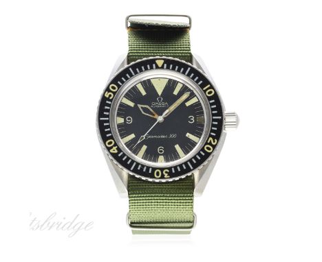 A RARE GENTLEMAN'S STAINLESS STEEL BRITISH MILITARY OMEGA SEAMASTER 300 WRIST WATCH DATED 1970, REF. 165.024
D: Black dial wi