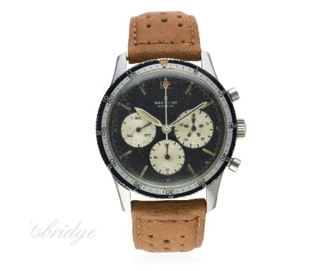 A RARE GENTLEMAN'S STAINLESS STEEL BREITLING CO PILOT CHRONOGRAPH WRIST WATCH CIRCA 1960s, REF. 765 CP
D: Black dial with lum