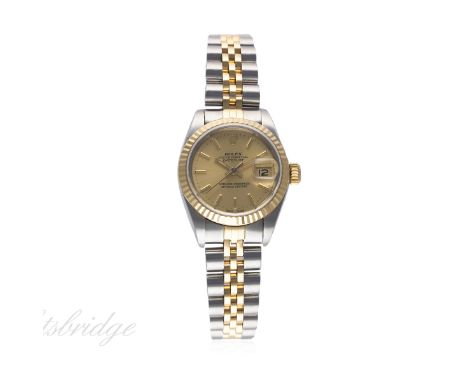 A LADIES STEEL & GOLD ROLEX OYSTER PERPETUAL DATEJUST BRACELET WATCH CIRCA 1991, REF. 69173
D: Champagne dial with gilt baton