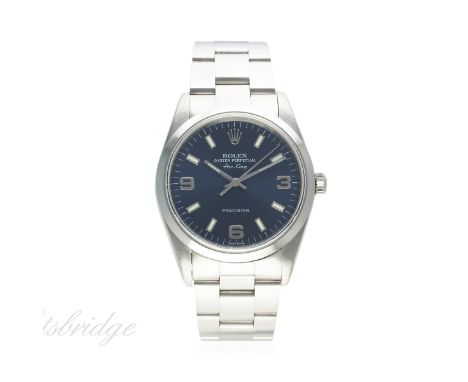 A GENTLEMAN'S STAINLESS STEEL ROLEX OYSTER PERPETUAL AIR KING PRECISION BRACELET WATCH CIRCA 2001, REF. 14000M
D: Blue dial w