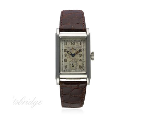 A GENTLEMAN'S STAINLESS STEEL OMEGA WATERPROOF WRIST WATCH CIRCA 1939
D: Silver dial with luminous Arabic numerals, minute tr