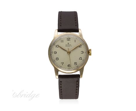 A GENTLEMAN'S 9CT SOLID GOLD ROLEX PRECISION WRIST WATCH CIRCA 1950s
D: Silver dial with Arabic numerals. M: 17 jewel manual 