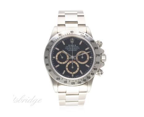 A RARE GENTLEMAN'S STAINLESS STEEL ROLEX OYSTER PERPETUAL COSMOGRAPH DAYTONA BRACELET WATCH CIRCA 1995, REF. 16520 "PATRIZZI"