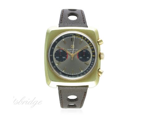 A GENTLEMAN'S GOLD FILLED FAVRE LEUBA CHRONOGRAPH WRIST WATCH CIRCA 1970s
D: Grey dial with gilt batons & hands, outer tachym