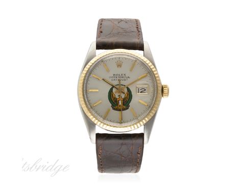 A RARE GENTLEMAN'S STEEL & GOLD ROLEX OYSTER PERPETUAL DATEJUST WRIST WATCH CIRCA 1977, REF. 16013 COMMISSIONED BY THE UNITED