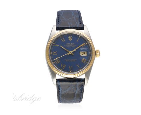 A GENTLEMAN'S STEEL & GOLD ROLEX OYSTER PERPETUAL DATEJUST WRIST WATCH CIRCA 1984, REF. 16013 "BUCKLEY" DIAL
D: Blue dial wit