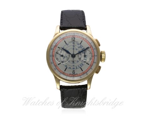 A GENTLEMAN'S 18K SOLID GOLD LONGINES FLYBACK CHRONOGRAPH WRIST WATCH CIRCA 1936
D: Two tone dial with black markers, double 