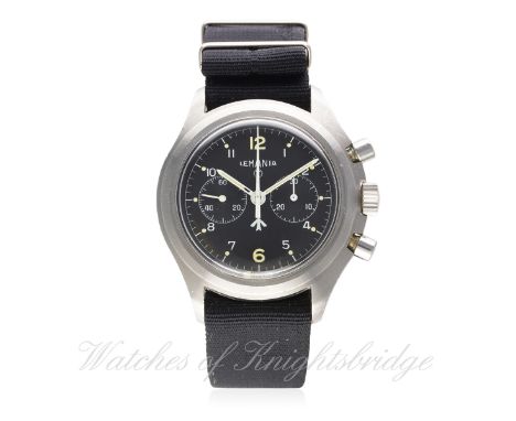 A RARE GENTLEMAN'S STAINLESS STEEL BRITISH MILITARY ROYAL NAVY LEMANIA PILOTS CHRONOGRAPH WRIST WATCH DATED 1976
D: Black dia