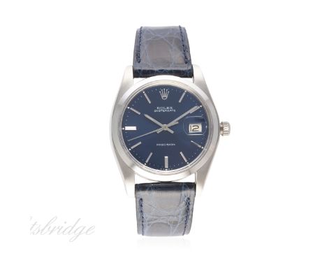 A GENTLEMAN'S STAINLESS STEEL ROLEX OYSTERDATE PRECISION BRACELET WATCH CIRCA 1978, REF. 6694
D: Sunburst blue dial with silv