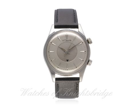A GENTLEMAN'S STAINLESS STEEL LECOULTRE ALARM WRIST WATCH CIRCA 1960s, REF. E856
D: Silver dial with silver "dagger" batons, 