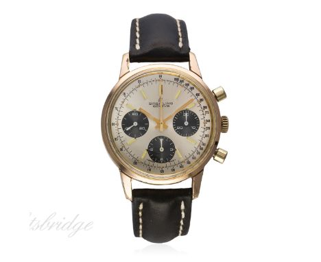 A GENTLEMAN'S PINK GOLD PLATED BREITLING "LONG PLAYER" CHRONOGRAPH WRIST WATCH CIRCA 1970s, REF. 815
D: Silver dial with gilt