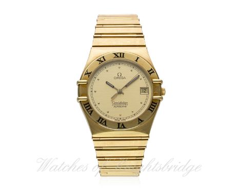 A GENTLEMAN'S 18K SOLID GOLD OMEGA CONSTELLATION CHRONOMETER BRACELET WATCH CIRCA 1980s WITH ENGRAVED SULTAN OF OMAN "QABOOS"