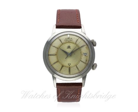 A RARE GENTLEMAN'S STAINLESS STEEL GUBELIN IPSOVOX AUTOMATIC ALARM WRIST WATCH CIRCA 1960s
D: Two tone silver dial with silve