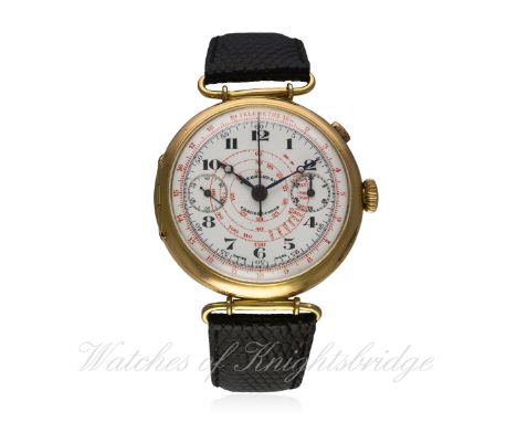 A GENTLEMAN'S 18K SOLID GOLD EBERHARD &amp; CO SINGLE BUTTON CHRONOGRAPH WRIST WATCH CIRCA 1930s D: Enamel dial with Arabic n