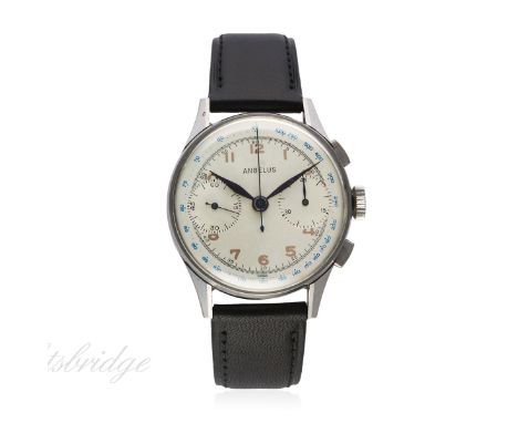 A GENTLEMAN'S STAINLESS STEEL ANGELUS CHRONOGRAPH WRIST WATCH CIRCA 1940s
D: Silver dial with gilt Arabic numerals, double re