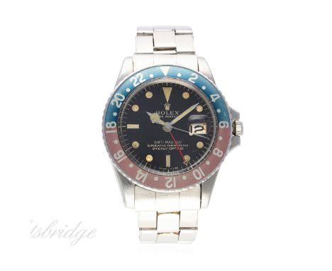 A RARE GENTLEMAN'S STAINLESS STEEL ROLEX OYSTER PERPETUAL DATE GMT MASTER BRACELET WATCH CIRCA 1965, REF. 1675
D: Gloss black