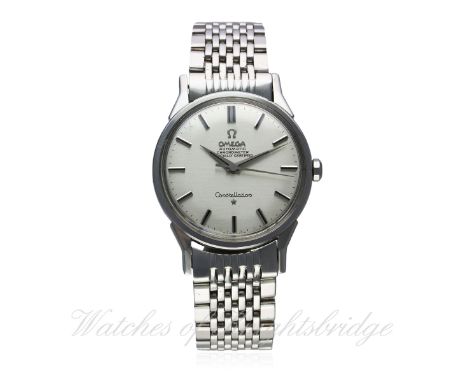 A GENTLEMAN'S STAINLESS STEEL OMEGA CONSTELLATION CHRONOMETER BRACELET WATCH CIRCA 1964, REF. 167.005
D: Silver dial with bla